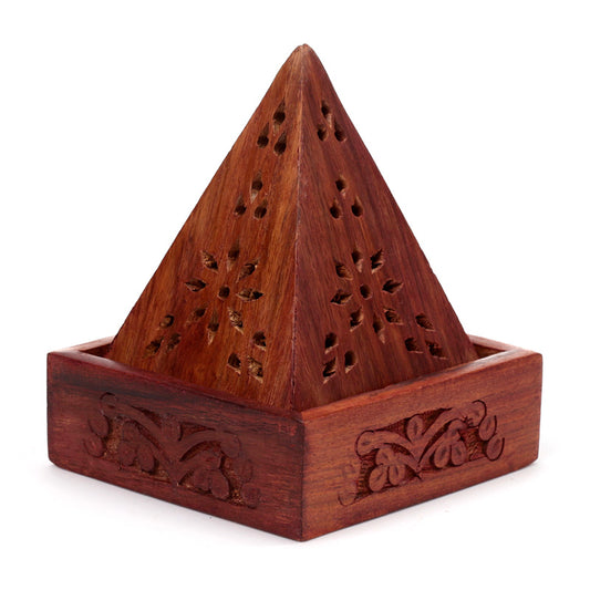 Pyramid Sheesham Wood Incense Cone Box with Fretwork