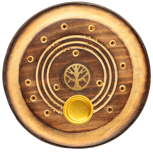 Decorative Round Tree of Life Wooden Incense Burner Ash Catcher