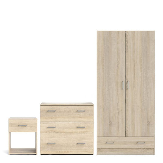 Space Package - Bedside 1 Drawer + Chest of 3 Drawers + Wardrobe with 2 Doors + 1 Drawer in Oak