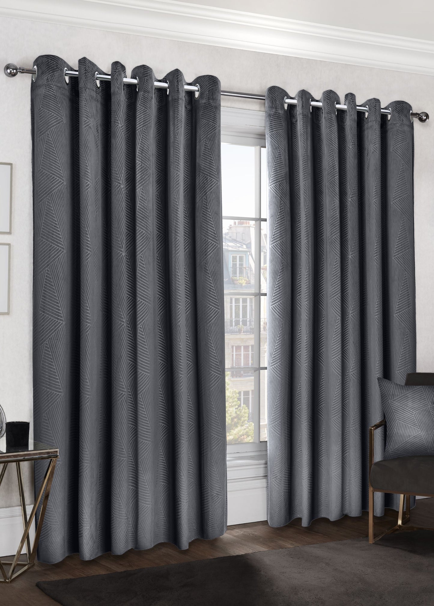 Midnight - Embossed Velvet Woven Thermal Blackout Eyelet Curtains