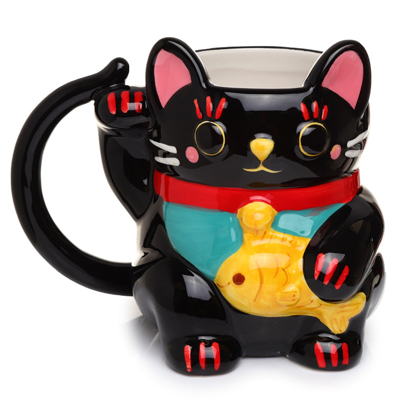 Novelty Shaped Ceramic Mug - Black Maneki Neko Lucky Cat