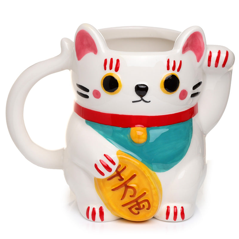 Novelty Shaped Ceramic Mug - White Maneki Neko Lucky Cat