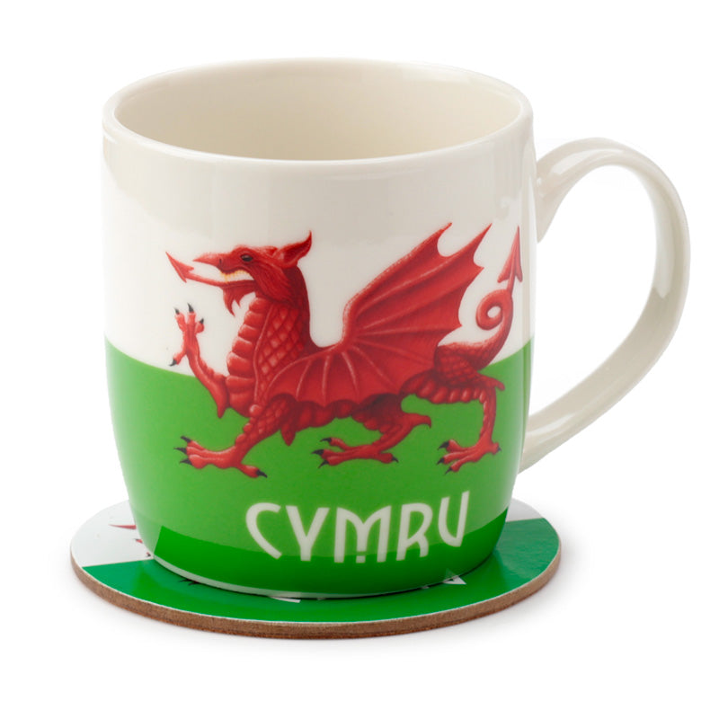 Porcelain Mug & Coaster Set - Welsh Dragon Wales (Cymru) Souvenir