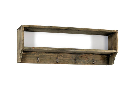 Wooden Wall Shelf with 4 Hooks 54 x 10 x 18 cm