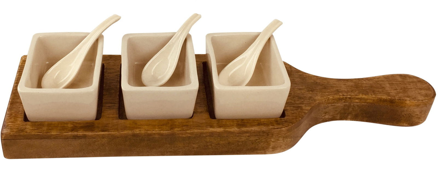 Wooden Tray With Dip Bowls & Spoons 36cm