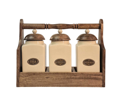 Ceramic Tea, Coffee & Sugar Jar's In Solid Mango Wood Rack