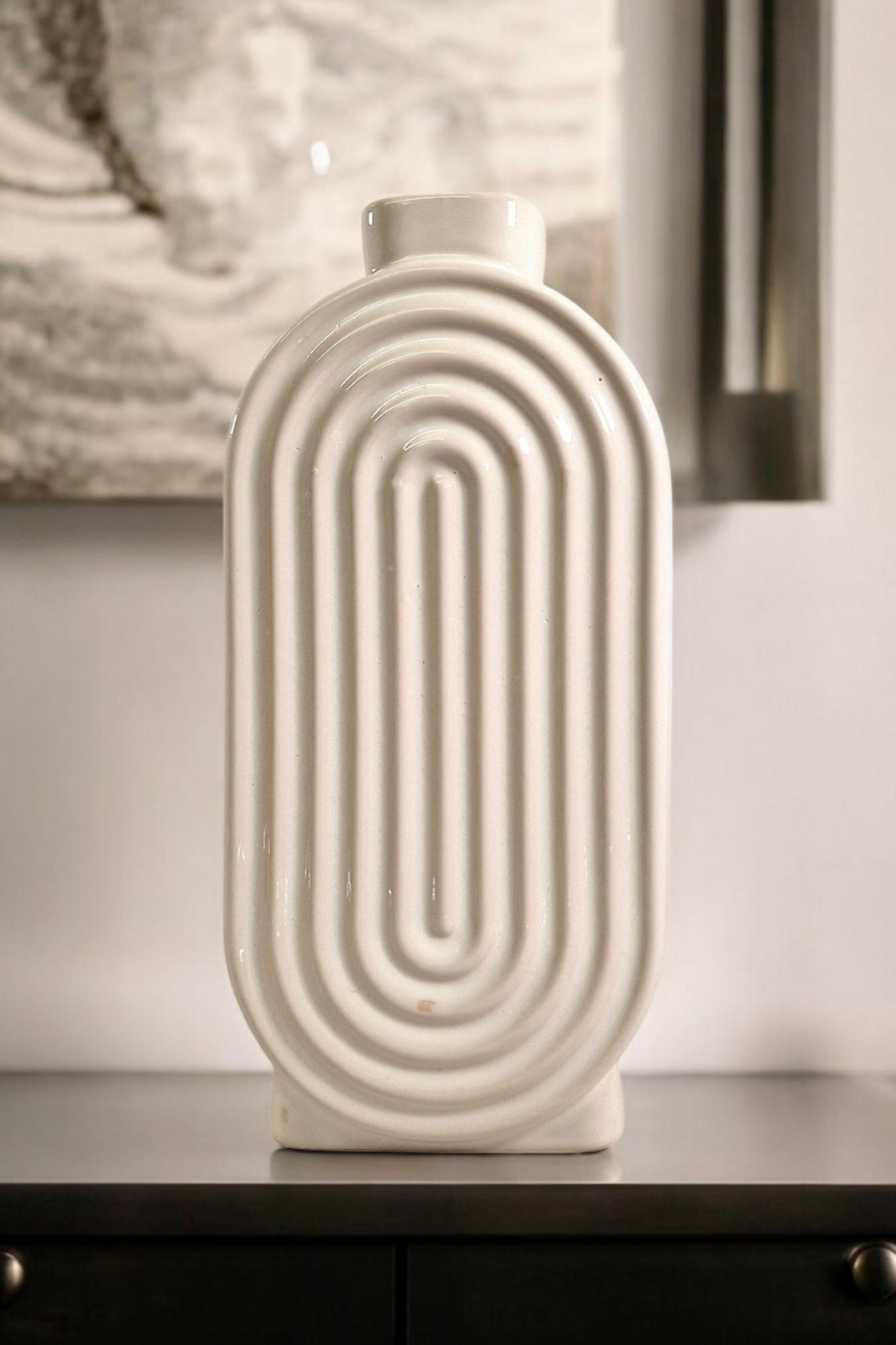 White Ribbed Oval Vase