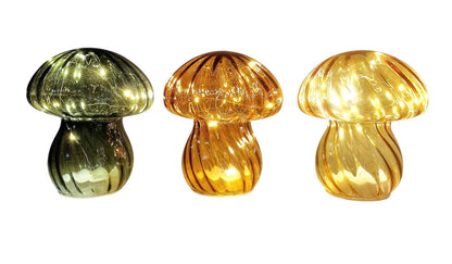 Coloured Glass Mushroom L.E.D Light Set of 3 G/O/Y