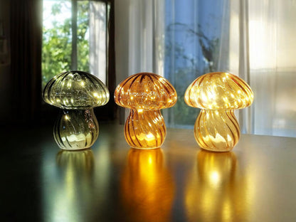 Coloured Glass Mushroom L.E.D Light Set of 3 G/O/Y