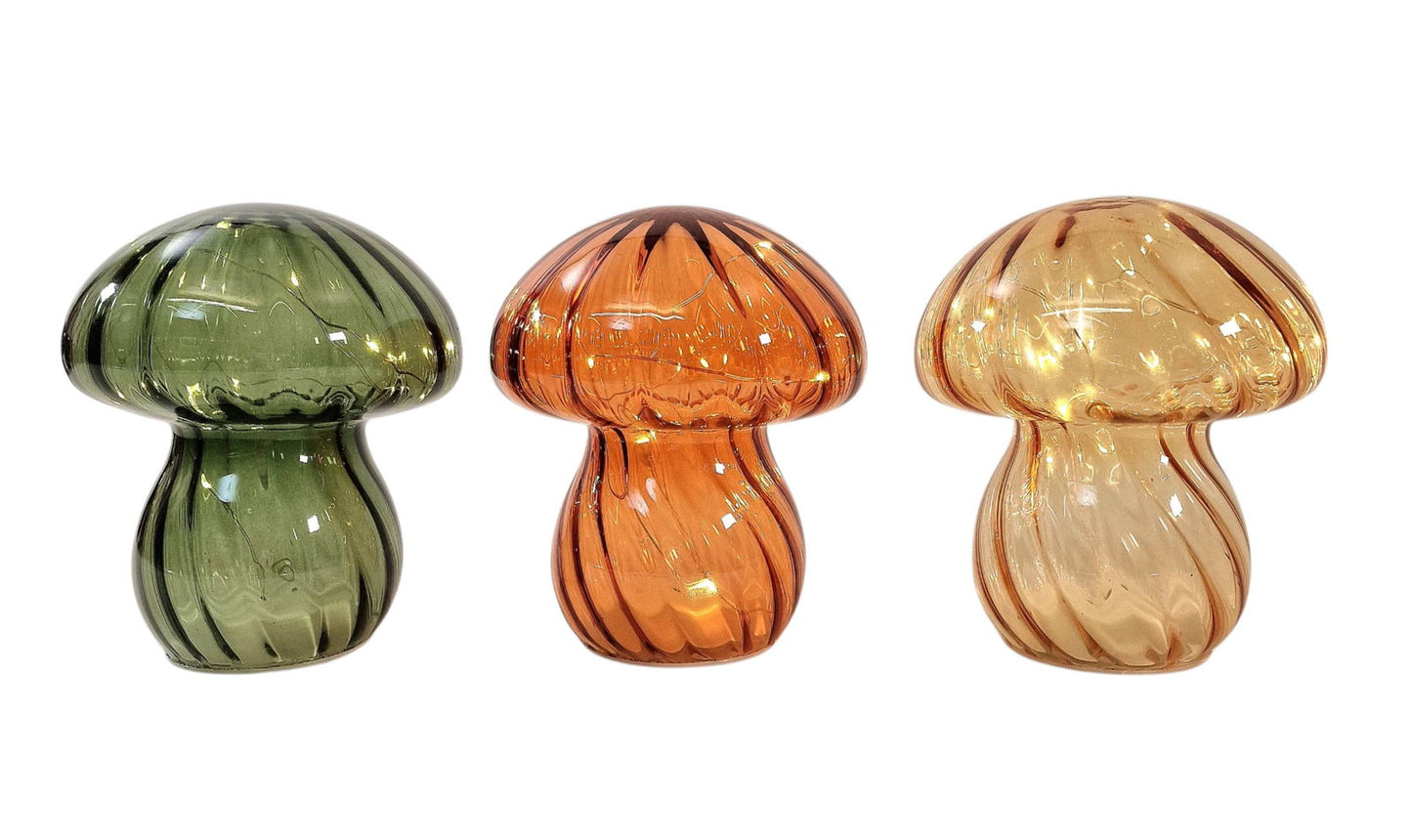 Coloured Glass Mushroom L.E.D Light Set of 3 G/O/Y