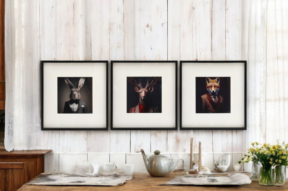 Set of 3 Forest Animal Head Prints Picture Art 40x40cm