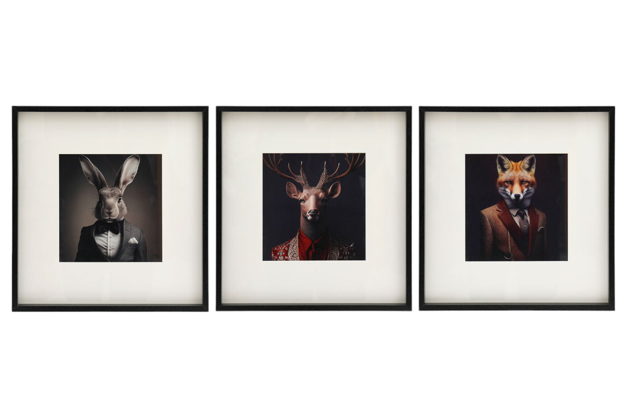 Set of 3 Forest Animal Head Prints Picture Art 40x40cm