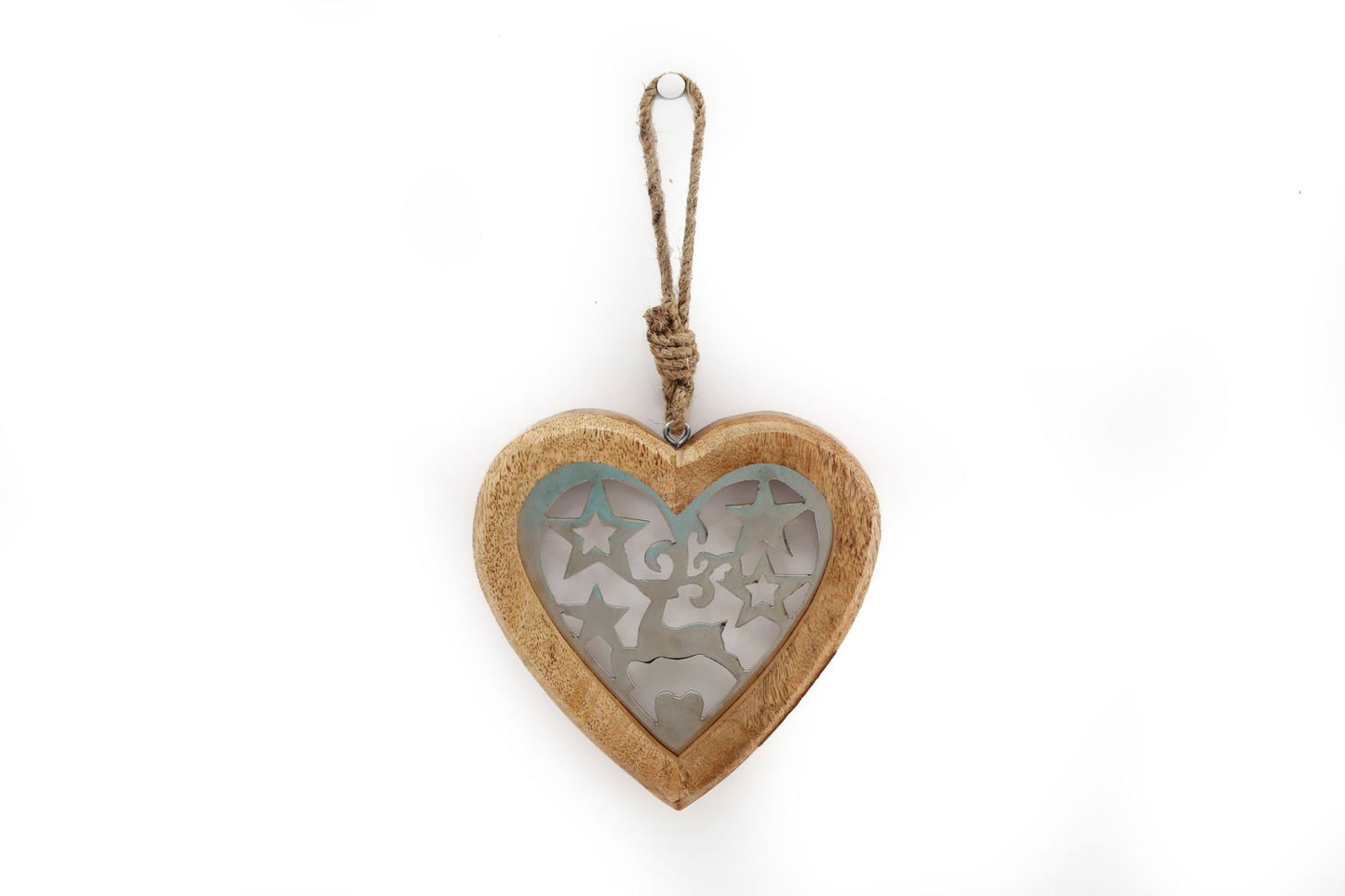 Small Wood Hanging Heart With Metal Reindeer & Stars