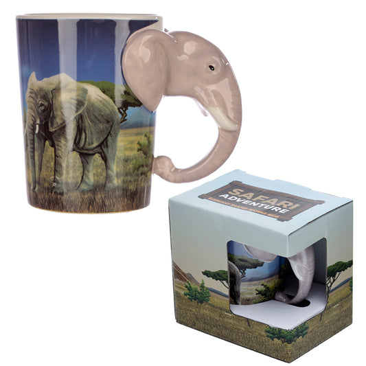 Shaped Handle Ceramic Mug - Elephant Savannah Decal