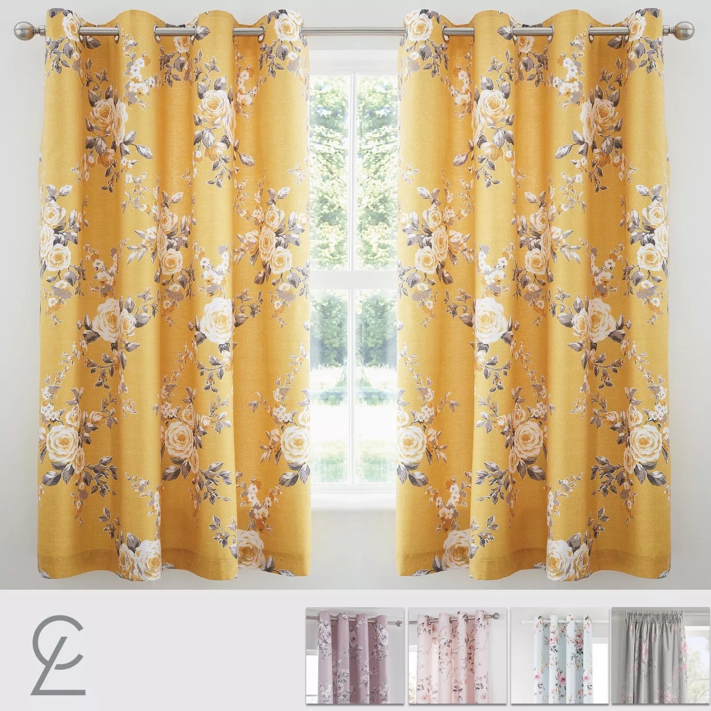 Catherine Lansfield Canterbury Floral Lined Eyelet Curtains Two Panels