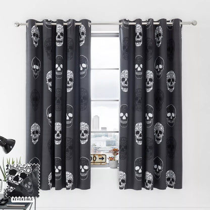 Catherine Lansfield Skulls  Fully Reversible Eyelet Curtains Two Panels