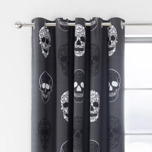 Catherine Lansfield Skulls  Fully Reversible Eyelet Curtains Two Panels