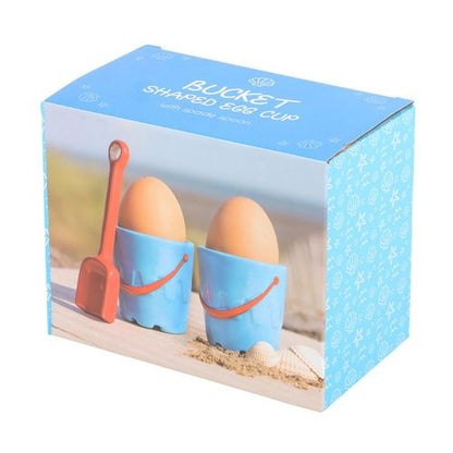 Set of 2 Bucket Shaped Ceramic Egg Cups with Spade Spoons