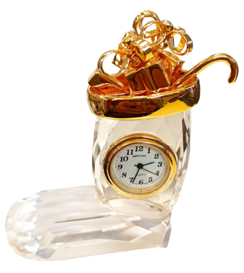 Miniature Clock Crystal Glass Christmas Stocking Gold Plated Metal Solid Brass IMP516 - CLEARANCE NEEDS RE-BATTERY