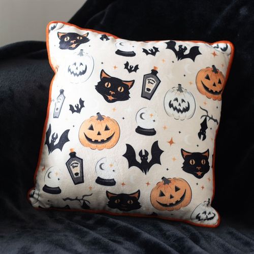 35cm Square Spooky Cat and Pumpkin Print Cushion